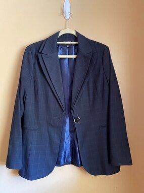 Signature by Larry Levine Navy Blue Plaid Pants Suit
